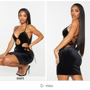 Pretty Little Thing Shape Black Velvet Strappy Cut Out Plunge Bodycon Dress NWT